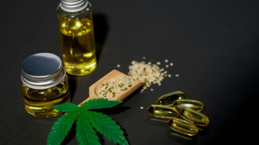 High-quality image featuring cannabis oil, seeds, leaves, and capsules